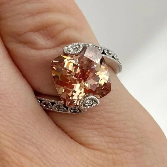 Bypass Shank Rose Gold Cubic Zirconia Stone Cushion Cut Sterling Ring - Sz 5 - Picture 1 of 10